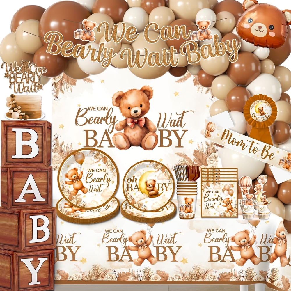 Bear Themed Baby Shower Party Supplies Disposable Tableware - Brown and Cream